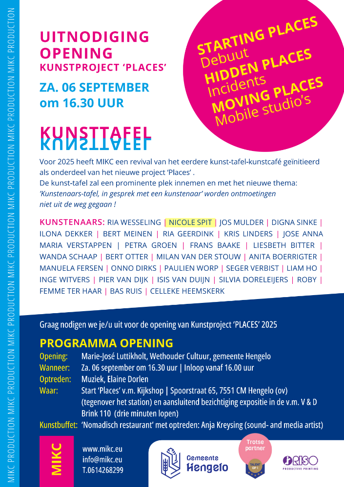 Uitnodiging voor de tentoonstelling 'Kunsttafel -places' van MIKC in Hengelo met o.a  Nicole Spit